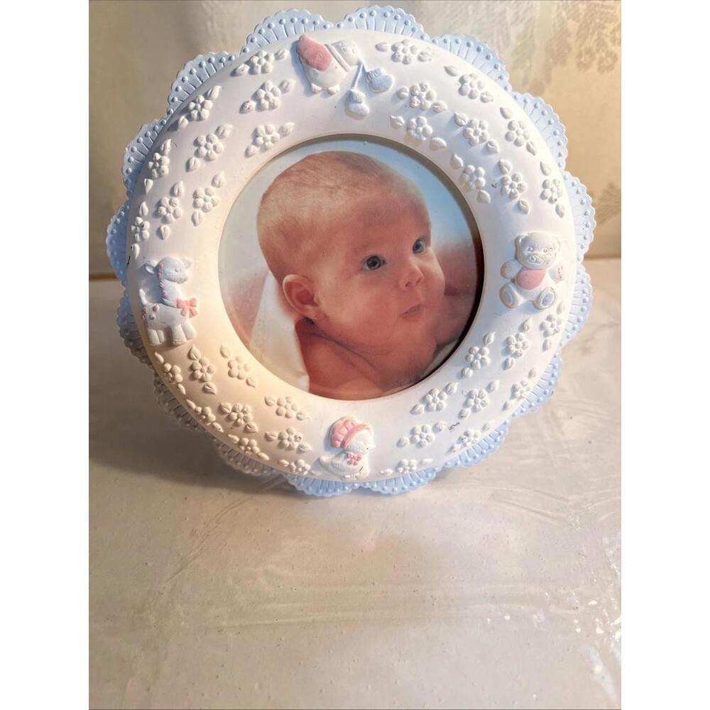 Vintage Russ Baby Nursery Round Ceramic Porcelain Tabletop 4x4Photo Frame Pastel